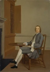 Ein unbekannter Mann sitzt an einem Tisch, um 1744-46