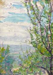 Blauer Himmel und Wolken mit Obstbaumzweigen im Vordergrund