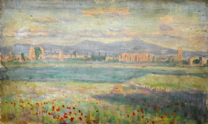 Mittelmeerlandschaft mit Mohnblumen im Vordergrund und ummauerter Stadt im Hintergrund