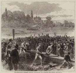 Das internationale Universitäts-Bootsrennen, die Harvard-Crew kehrt vom Training zurück