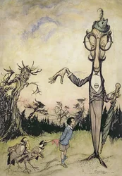 Ein Riese mit einem Kind und zwei Krähen, Illustration aus The Book of Betty Barber von Maggie Brown, veröffentlicht 1910 (später koloriert von Harry Rountree, 1878-1950)
