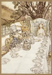 Eine verrückte Teeparty, aus Alice im Wunderland, von Lewis Carroll, veröffentlicht 1907 (Farblithografie)