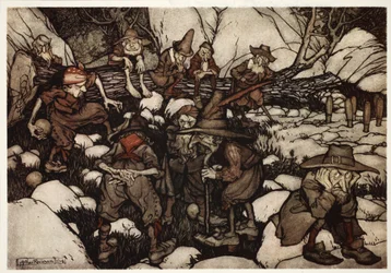 Eine Gesellschaft seltsam aussehender Personen, die Kegeln spielen., aus Rip Van Winkle von Washington Irving, veröffentlicht 1910