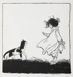 Ein Mädchen mit einer Puppe schimpft ihre Katze aus