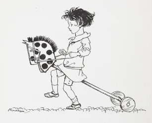 Ein kleines Mädchen auf einem Spielzeug-Steckenpferd