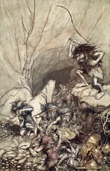 Alberich treibt eine Bande von Nibelungen mit Gold- und Silberschätzen an