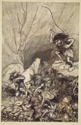 Albrech treibt eine Bande von Nibelungen mit Gold- und Silberschätzen, aus 