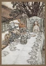 Alice bei der Teeparty des verrückten Hutmachers mit dem Märzhasen, dem Schlafmaus und dem verrückten Hutmacher