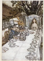 Alice nimmt den Hut und den Märzhasen - in „Die Abenteuer von Alice im Wunderland“, Lewis Carroll, ill. von Arthur Rackham (1867-1939)
