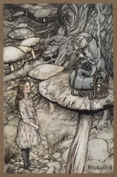 Alice spricht mit der Raupe, die auf einem Pilz sitzt und eine Pfeife raucht