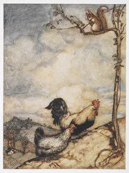 Eine Illustration einer Henne, eines Hahns und eines Eichhörnchens aus The Adventures of Chanticleer and Partlet.