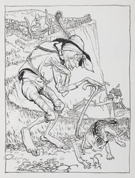 Ein alter krummer Mann mit seiner krummen Katze und seinem krummen Haus