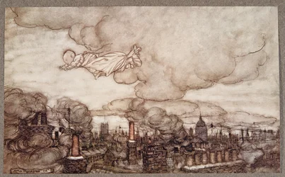 Er flog über die Häuser zu den Gärten, aus Peter Pan in Kensington Gardens von J M Barrie, veröffentlicht 1906