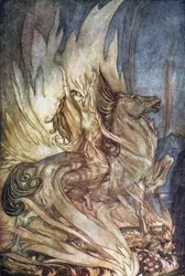 Brünnhilde auf Grane springt auf den Scheiterhaufen von Siegfried. Illustration für Siegfried und Die Tw