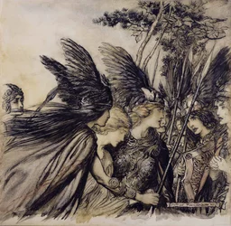 Brunnhilde fleht die Walküren an, Illustration aus Das Rheingold und die Walküre von Richard Wagner, Ausgabe veröffentlicht 1910