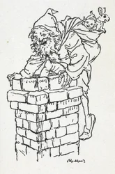 Weihnachtsmann klettert mit einem Sack voller Geschenke den Schornstein hinunter
