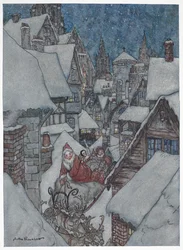 Weihnachtsmann fährt mit seinem Schlitten durch verschneite Straßen