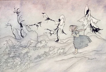 Gerda ist von der Vorhut der Schneekönigin erschrocken, aber sie sagte das Vaterunser und wird von kleinen hellen Engeln gerettet, Illustration aus Die Schneekönigin von Hans Christian Andersen, veröffentlicht 1932