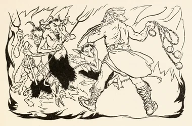 Goll mac Morna stürmt die Hölle, um Fionn und die Fianna-Finn zu retten, aus The Little Brawl at Allen in Irish Fairy Tales