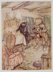 Er tauchte bald wieder auf, etwas staubig, mit einer Flasche Bier in jeder Pfote und einer weiteren unter jedem Arm, aus Wind in den Weiden von Kenneth Grahame (1859 - 1932), veröffentlicht 1940