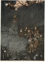 Sein Vater hatte sie in ihren alten holländischen Kleidern beim Kegeln gesehen., aus Rip Van Winkle von Washington Irving, veröffentlicht 1910