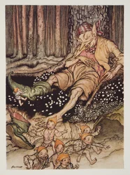 Hop-o-my-thumb schlich sich zum Ogre und zog ihm seine Siebenmeilenstiefel aus, aus The Arthur Rackham Fairy Book, veröffentlicht 1933