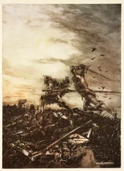 Wie Mordred von Arthur getötet wurde und wie Arthur von ihm tödlich verletzt wurde, Illustration aus Alfred Pollards 