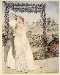 Wie Tristram von dem kleinen Brachet im Garten von König Marks Schloss erkannt wurde, Illustration aus 