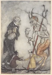 Illustration von Scrooge und dem Teufel mit zwei kleinen Männern darunter
