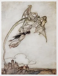 Illustration eines Drachen, der die Prinzessin entführt, aus Die vier klugen Brüder