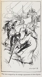 Illustration der drei Hexen, Macbeth und Banquo