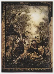 Illustration von zwei Riesen, die mit Bäumen kämpfen, aus Der tapfere Schneider