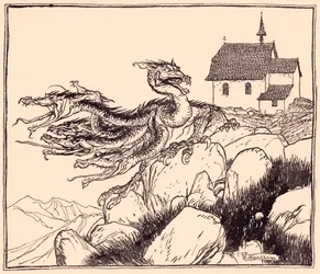 Es dauerte nicht lange, bis der siebenköpfige Drache laut brüllend kam. Illustration von Arthur Rackham aus Grimms Märchen Die zwei Brüder.