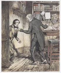 Scrooge schreibt in seinem Büro, als ein anderer Mann eintritt