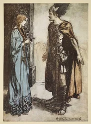 Siegfried gibt Gutrune das Trinkhorn zurück und blickt sie mit plötzlicher Leidenschaft an, Illustration aus 