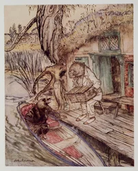 Schieb das unter deine Füße, bemerkte er zum Maulwurf, als er ins Boot stieg, aus Wind in den Weiden von Kenneth Grahame (1859 - 1932), veröffentlicht 1940