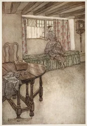 Seltsame Namen standen über den Türen - seltsame Gesichter an den Fenstern - alles war fremd., aus Rip Van Winkle von Washington Irving, veröffentlicht 1910