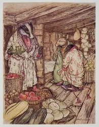 Die Wintervorräte des Dachses, die überall sichtbar waren, nahmen die Hälfte des Raumes ein, aus Wind in den Weiden von Kenneth Grahame (1859 - 1932), veröffentlicht 1940