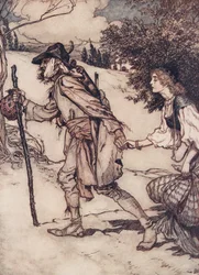 Der Bettler nahm sie bei der Hand und führte sie weg, aus Die Märchen der Brüder Grimm, veröffentlicht 1909