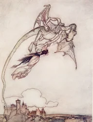Die einzige Tochter des Königs war von einem Drachen entführt worden, aus den Märchen der Brüder Grimm, veröffentlicht 1909