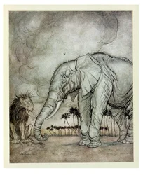 Der Löwe, Jupiter und der Elefant, Illustration aus „Äsops Fabeln“, veröffentlicht bei Heinemann, 1912