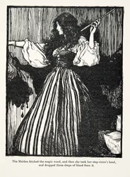 Das Mädchen holte den Zauberstab und ließ dann drei Tropfen Blut aus dem Kopf ihrer Stiefschwester fallen, aus Die Märchen der Brüder Grimm, veröffentlicht 1909