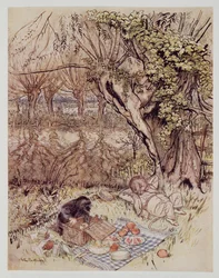 Der Maulwurf bat als Gefallen, alles selbst auspacken zu dürfen, aus Wind in den Weiden von Kenneth Grahame (1859 - 1932), veröffentlicht 1940