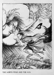 Der Nordwind und die Sonne, Illustration aus „Äsops Fabeln“, veröffentlicht von Heinemann, 1912