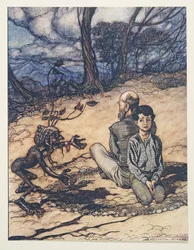 Der Sohn zog einen Kreis, und sein Vater und er nahmen darin ihre Plätze ein, und das kleine schwarze Männchen erschien, aus den Märchen der Brüder Grimm, veröffentlicht 1909