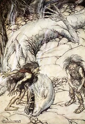 Die Zwerge streiten sich über den Körper von Fafner