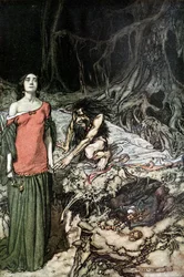 Das Werben um Grimhilde, die Mutter von Hagen. Illustration für Siegfried und Die Götterdämmerung