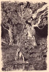 Dort saß sie und hätte lange sitzen bleiben können, wenn es nicht ein Rascheln und Knacken in den Zweigen des nächsten Baumes gegeben hätte. Illustration von Arthur Rackham aus Grimms Märchen Die Gänsemagd am Brunnen.