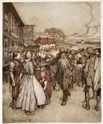 Sie drängten sich um ihn und betrachteten ihn von Kopf bis Fuß mit großer Neugier., aus Rip Van Winkle von Washington Irving, veröffentlicht 1910