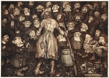 Sie starrten ihn mit einem so festen, statuenhaften Blick an, dass ihm das Herz in der Brust umdrehte und seine Knie zusammenstießen., aus Rip Van Winkle von Washington Irving, veröffentlicht 1910